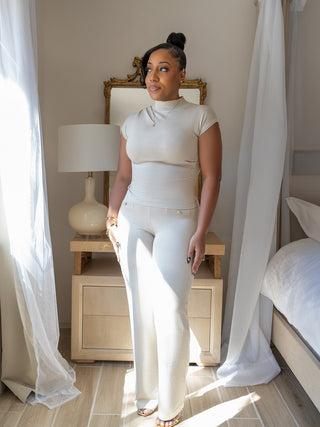 Knit Shoulder Pleated Top Pants Set