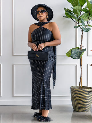 Midnight Polka Dot Scarf Maxi Dress