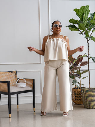 Linen Blend Flowy Tie-Shoulder Set