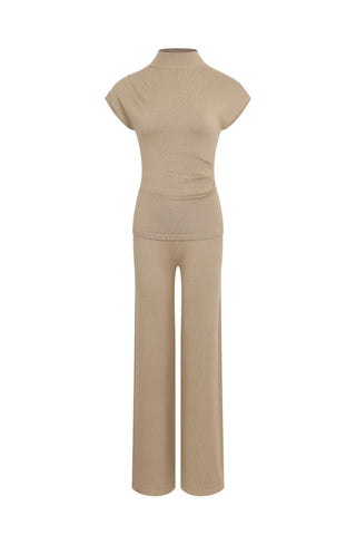 Knit Shoulder Pleated Top Pants Set