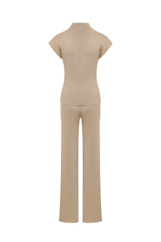 Knit Shoulder Pleated Top Pants Set