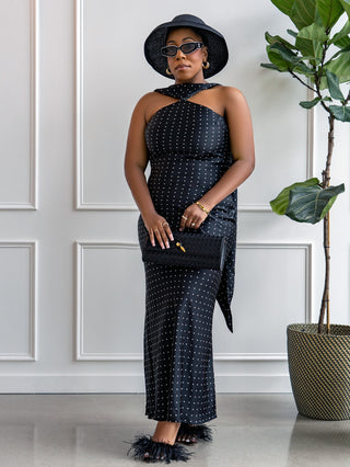 Midnight Polka Dot Scarf Maxi Dress