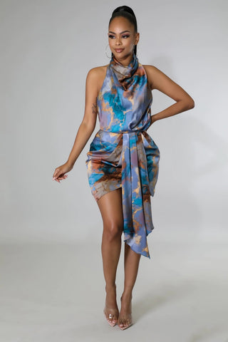 Marble Backless Halter Mini Dress