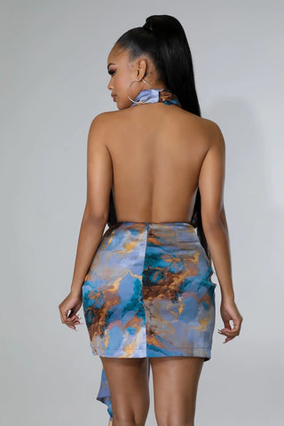 Marble Backless Halter Mini Dress